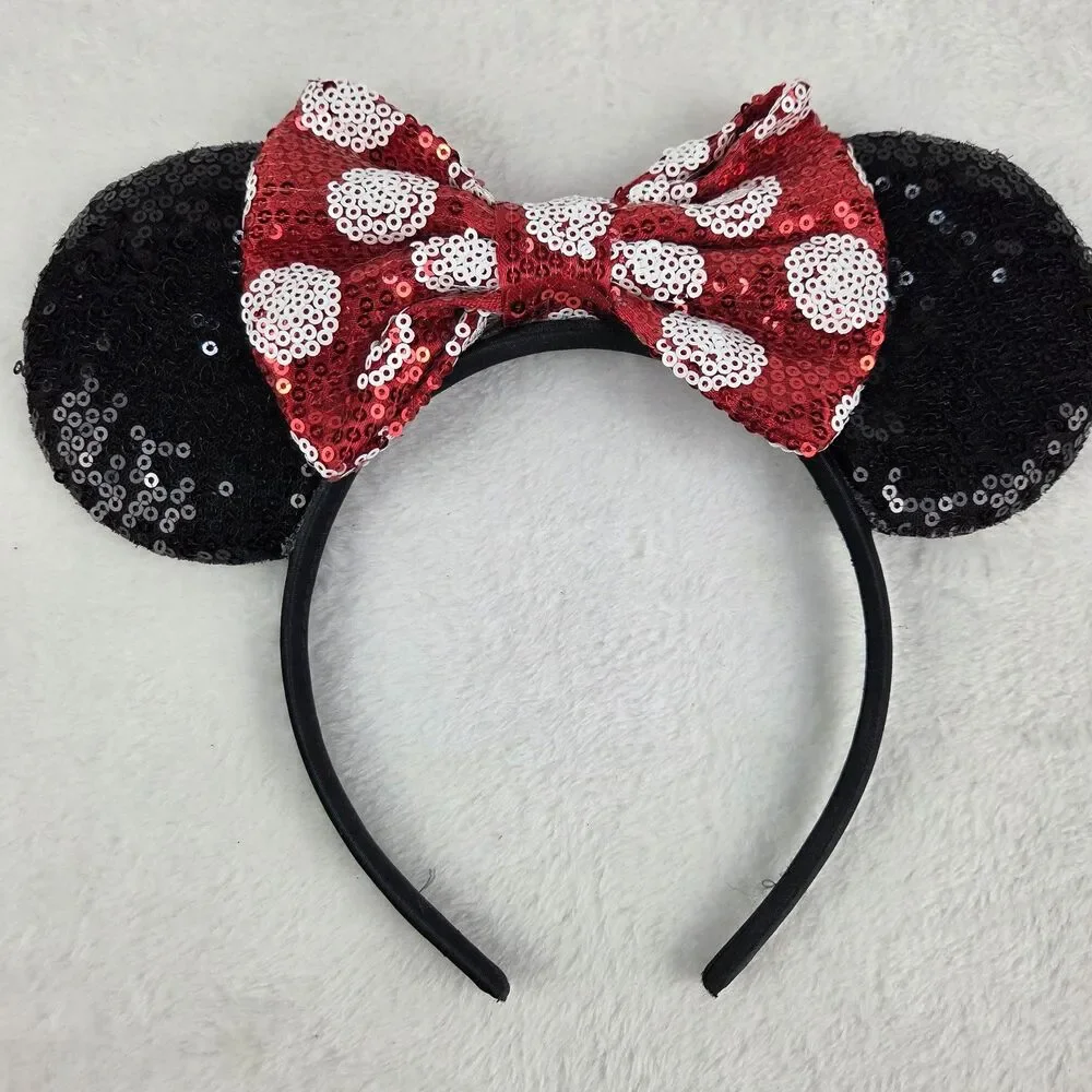 Sequined Minnie Mouse Ears Headband Set Red Bow And Orange Bat Disney